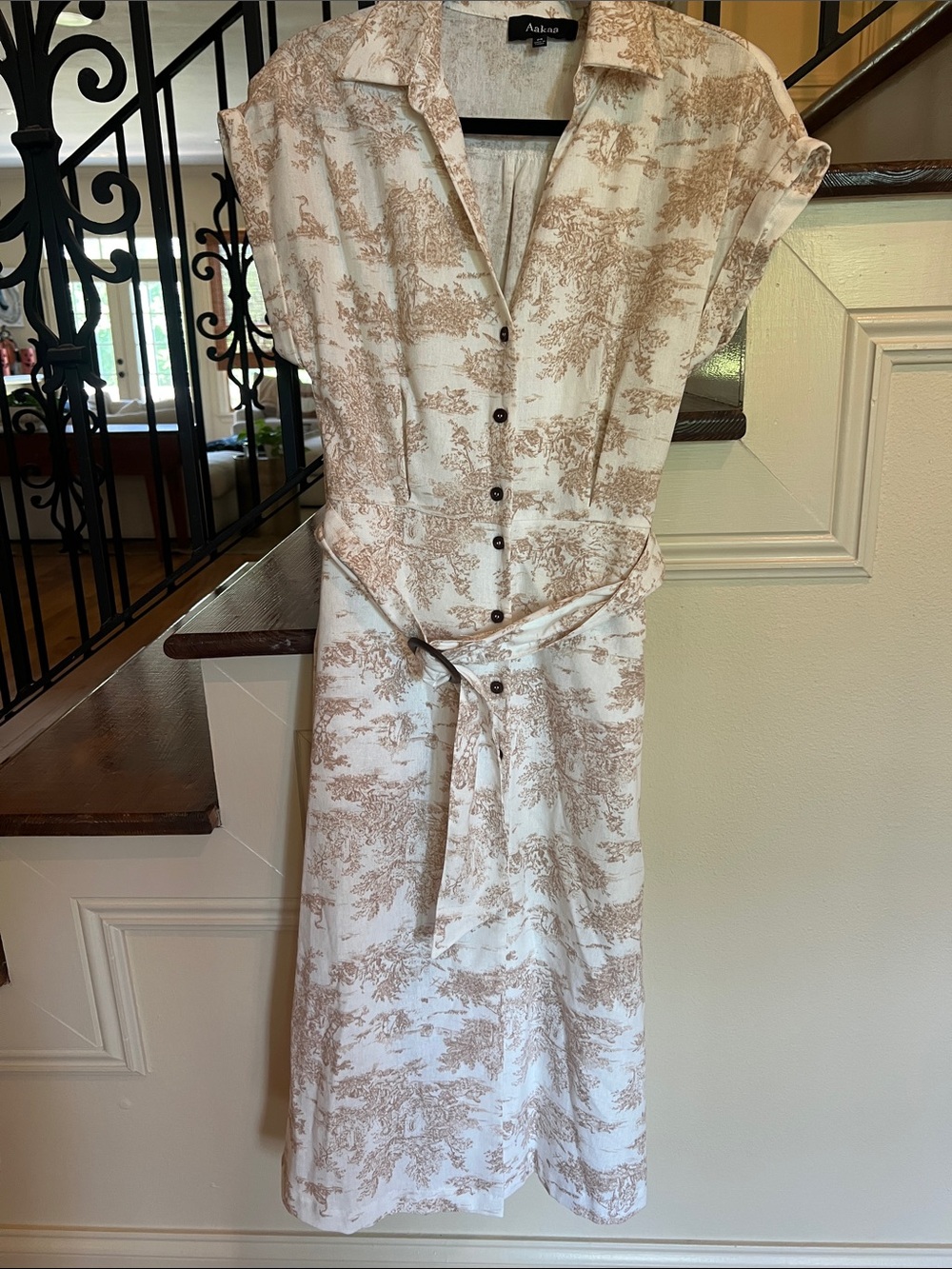 Aakaa Cream Midi Dress with Tan Toile Print